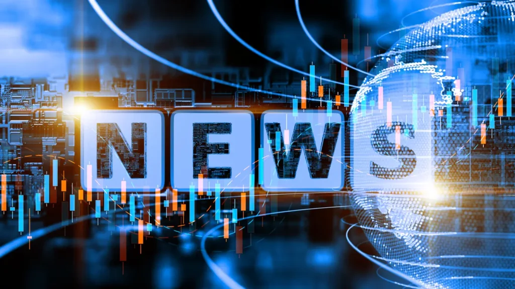 A dynamic news graphic featuring "NEWS" in bold letters, overlaid with a world globe and financial data, showcasing the power of effective press release SEO to amplify news coverage.
